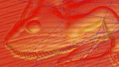 Red toolpaths running over a 3D relief of a Gecko